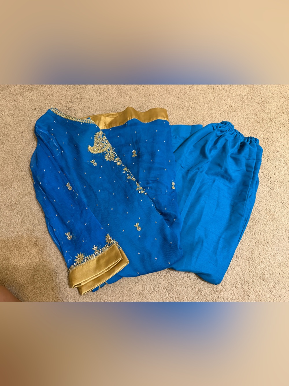 Blue Embellished Kurta Set with Gold Trim